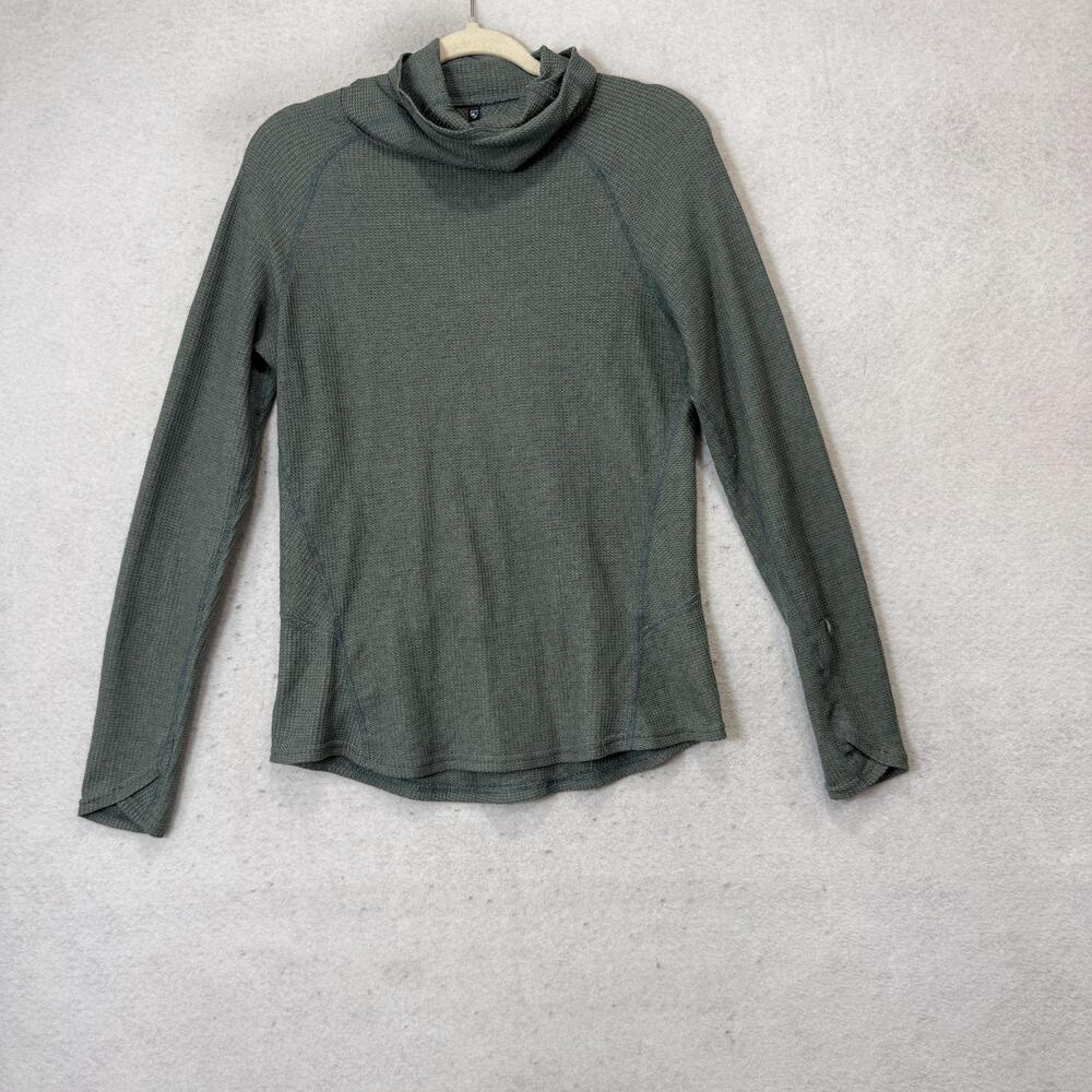Kuhl T-Shirt Womens Medium Green Waffle Knit Cowl Neck Long Sleeve Thermal Top